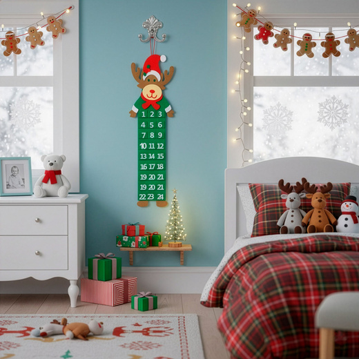 Kalendarz adwentowy, wiszący z 24 przegródkami Renifer, dekoracja świąteczna, filc, multikolor