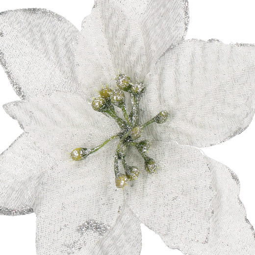 Gwiazda betlejemska, sztuczny kwiat poinsecja srebrna z brokatem, na klipsie