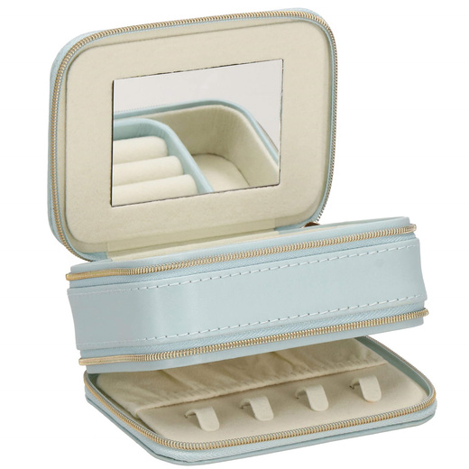 Szkatułka na biżuterię ekoskóra 11,5x8,5x5,5 cm błękitny organizer z przegródkami i lusterkiem
