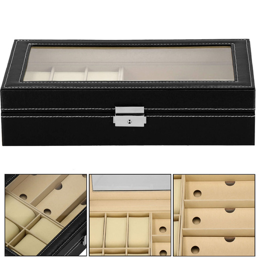 Szkatułka na zegarki 30x20x8cm czarno-kremowy, ekoskóra organizer z przegródkami i lusterkiem