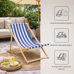 Leżak ogrodowy, drewniany z 3-stopniową regulacją, plażowy, balkonowy, biało-niebieskie pasy