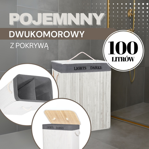 Kosz na pranie 100L bambusowy z pokrywą biały, szary