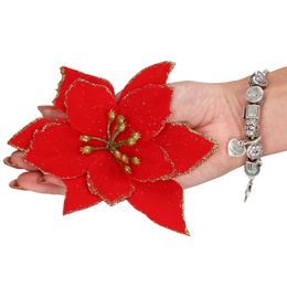 Gwiazda betlejemska, sztuczny kwiat poinsecja czerwona z brokatem, na klipsie