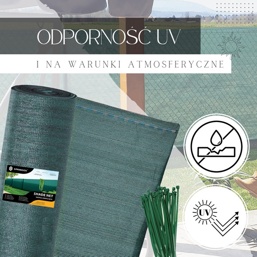Siatka cieniująca 95% osłonowa 1,7x10m zielona, 185g/m2, 50 szt. opasek zaciskowych