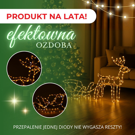 Renifer Led 120 cm świąteczny z saniami świetlna dekoracja do ogrodu biały ciepły + flash