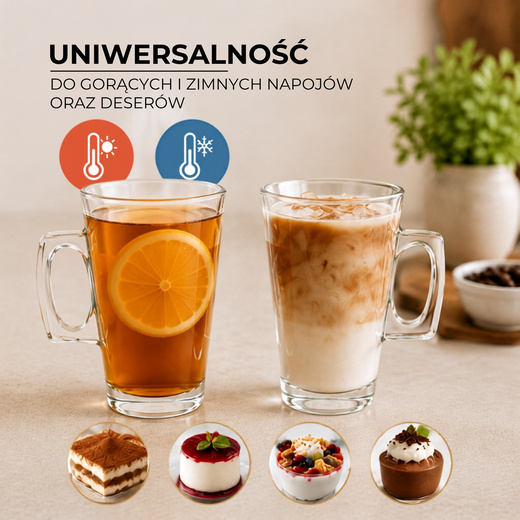 Szklanki do kawy latte mrożonej deserów 255 ml wysokie z uchem komplet 6 szt.