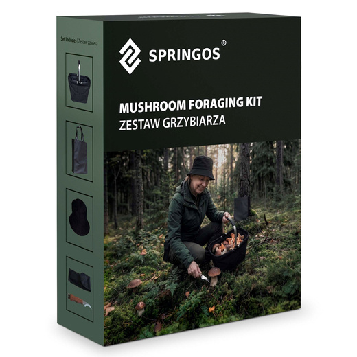 Zestaw akcesoriów grzybiarza: kosz na grzyby, nóż, miotełka, kapelusz do lasu, czarny