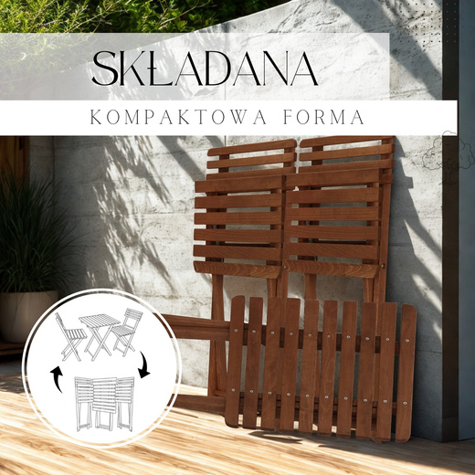 Meble ogrodowe składane drewniane na balkon stół i dwa krzesła impregnowane ciemnobrązowe
