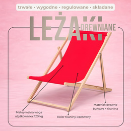 Leżak ogrodowy, drewniany z 3-stopniową regulacją, plażowy, balkonowy, czerwony