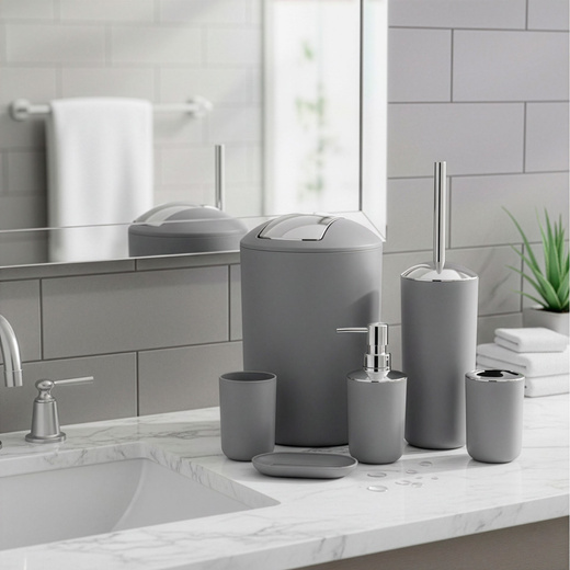 Zestaw łazienkowy 6w1 akcesoria do wc łazienki loft szczotka kubki kosz dozownik szary