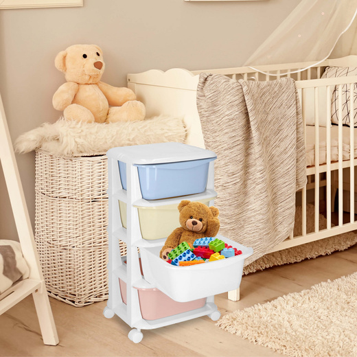 Regał na zabawki z 4 szufladami, pojemnik na kółkach, mobilny orgaznizer pastelowy