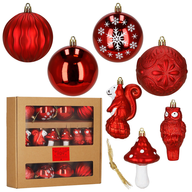Bombki choinkowe 14 szt. mix wzorów: okrągłe, muchomorek, sowa, wiewiórka, dekoracje świąteczne, czerwone