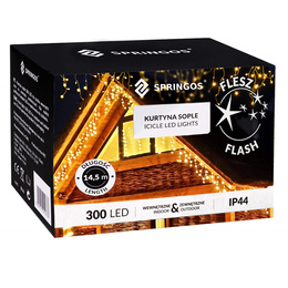 Kurtyna świetlna 300 led girlanda, lampki wewnętrzno-zewnętrzne sople biały ciepły + flash
