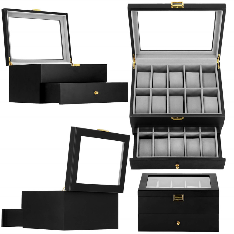 Szkatułka na zegarki 29x21,5x16 cm czarno-szary organizer z 20 przegródkami
