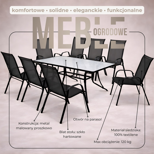 Meble ogrodowe 8 krzeseł metalowych, stół ze szkłem hartowanym komplet na taras czarny