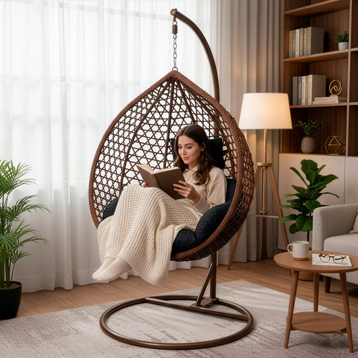Kokon ogrodowy rattanowy z poduszkami fotel wiszący bujak huśtawka na metalowym stelażu brązowa