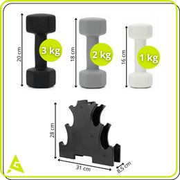 Hantle na stojaku zestaw 6 szt. obciążenia 1 kg, 2 kg, 3 kg do fitnessu, treningu domowego