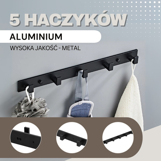 Wieszak łazienkowy ścienny z 5 haczykami do przedpokoju, kuchni aluminiowy czarny
