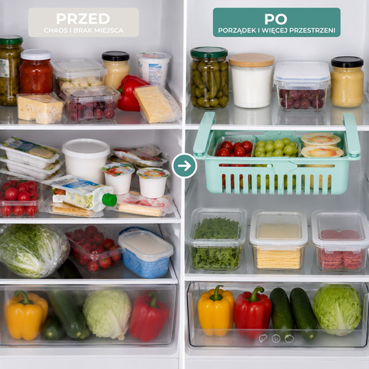 Organizer do lodówki pod półkę rozsuwany 20,5–28,5 cm, wysuwana szuflada miętowa