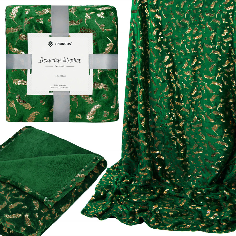 Narzuta na łóżko, pled 150x200 cm koc na kanapę zielony, złoty