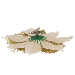 Gwiazda betlejemska, sztuczny kwiat, poinsecja kremowo-złota z brokatem na klipsie