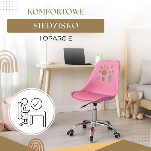 Fotel biurowy obrotowy krzesło na kółkach regulowane, dla dzieci do nauki różowe