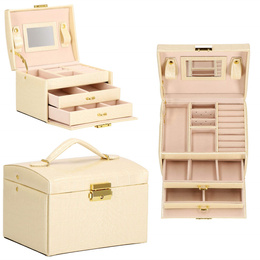 Szkatułka na biżuterię ekoskóra 17,5x14x12,5 cm ecru organizer z przegródkami