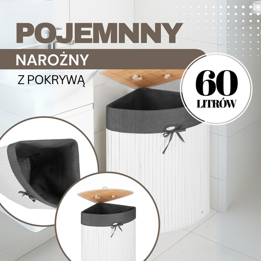 Pojemnik na pranie 60L narożny biały kosz z klapą bambus naturalny 