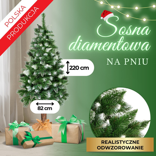 Choinka na pniu 220 cm sztuczna sosna diamentowa ośnieżona premium ze stojakiem i jutą