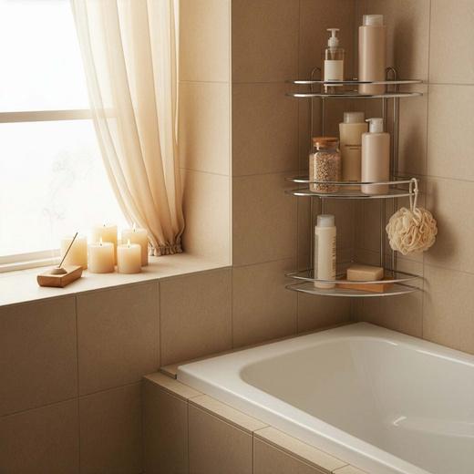 Półka łazienkowa narożna pod prysznic 3 poziomy, wisząca, srebrna