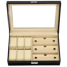 Szkatułka na zegarki 30x20x8cm czarno-kremowy, ekoskóra organizer z przegródkami i lusterkiem