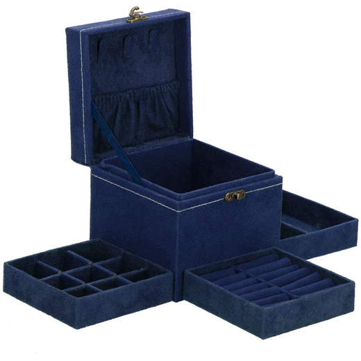 Szkatułka na biżuterię ekoskóra 12x12x12 cm granatowy, welurowy organizer z przegródkami