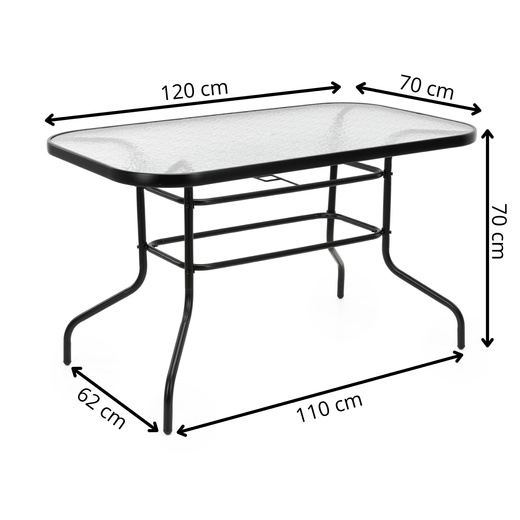 Meble ogrodowe, metalowe zestaw dla 4 osób stół 120 cm szkło hartowane i 4 krzesła czarne