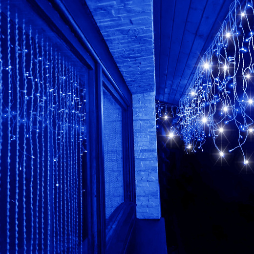 Kurtyna świetlna 300 led girlanda, lampki wewnętrzno-zewnętrzne 14,5 m sople niebieski z zimnym białym flash