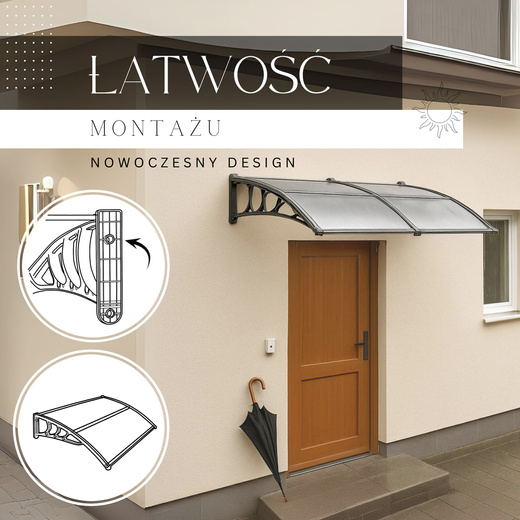 Zadaszenie, daszek do drzwi wejściowych, balkonowych, tarasowych 200x96 cm szary, transparentny