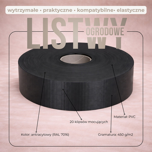Taśma ogrodzeniowa i klipsy mocujące 20 szt. PVC 35 m x 4,75 cm 450 g/m2 antracyt