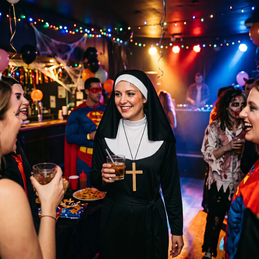 Przebranie na Halloween zakonnicy, krzyż, strój M kostium habit