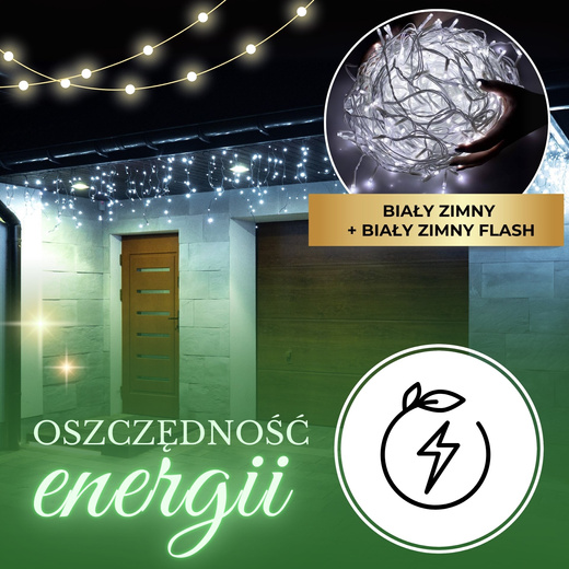 Kurtyna świetlna 14,5 m girlanda, lampki wewnętrzno-zewnętrzne 300 led sople zimny biały z flash