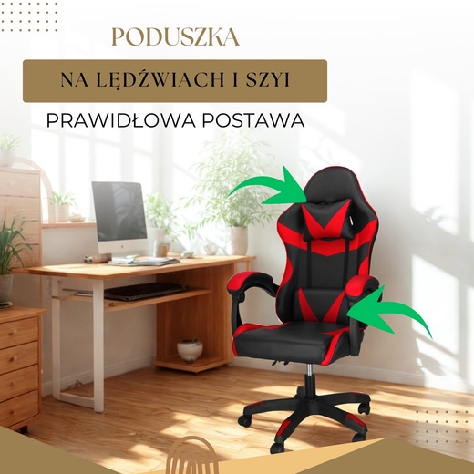 Fotel gamingowy, biurowy z regulacją nachylenia oparcia, krzesło obrotowe dla gracza, ekoskóra, czarno-czerwony
