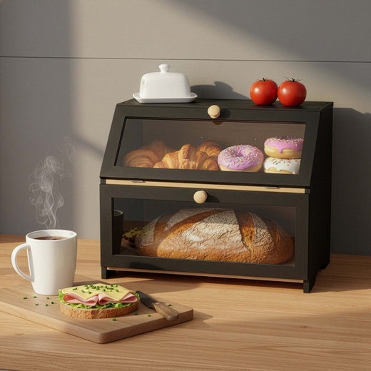 Chlebak zamykany, dwupoziomowy, szafka na pieczywo, bambusowy, czarny