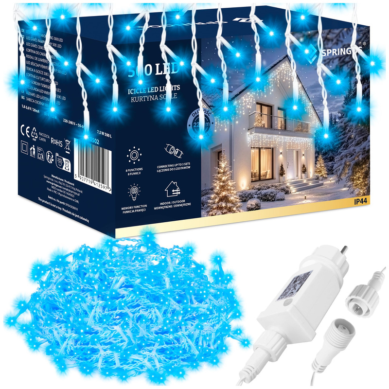 Kurtyna świetlna 1000 led girlanda, lampki wewnętrzno-zewnętrzne sople niebieski