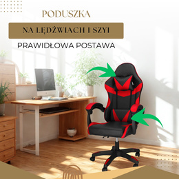Fotel gamingowy, biurowy z regulacją nachylenia oparcia, krzesło obrotowe dla gracza, ekoskóra, czarno-czerwony