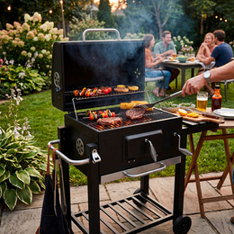 Grill węglowy, ogrodowy z pokrywą, termometr, ruszt emaliowany