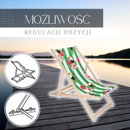 Leżak ogrodowy, drewniany z 3-stopniową regulacją, plażowy, balkonowy, biało-zielony