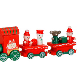 Drewniany pociąg z wagonikami, dekoracja, ozdoba świąteczna, wystrój wnętrz