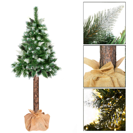 Choinka na pniu 140 cm sztuczna sosna diamentowa ośnieżona premium ze stojakiem i jutą