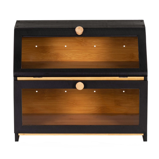 Chlebak zamykany, dwupoziomowy, szafka na pieczywo, bambusowy, czarny