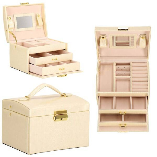 Szkatułka na biżuterię ekoskóra 17,5x14x12,5 cm ecru organizer z przegródkami