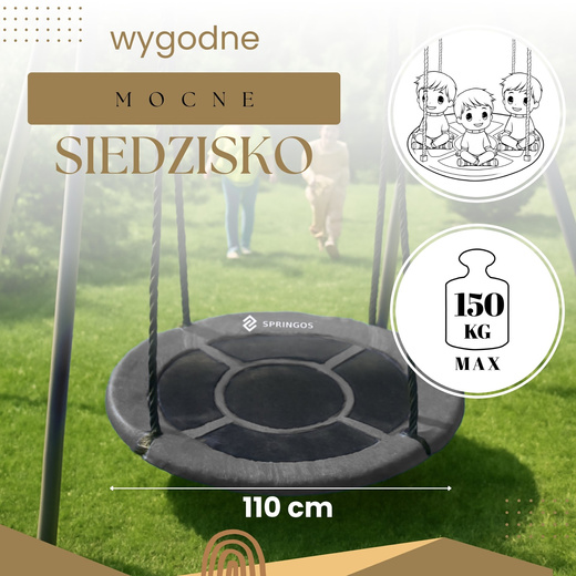 Bocianie gniazdo dla dzieci 110 cm huśtawka ogrodowa czarno-szary