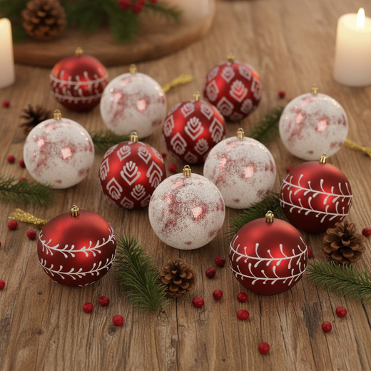 Bombki choinkowe 11 cm 12 szt. zestaw ozdoby świąteczne zdobione czerwone białe